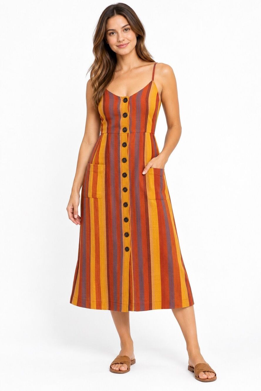 SEA New York 100% Linen Striped Button Front Midi Dress Pockets Size 4